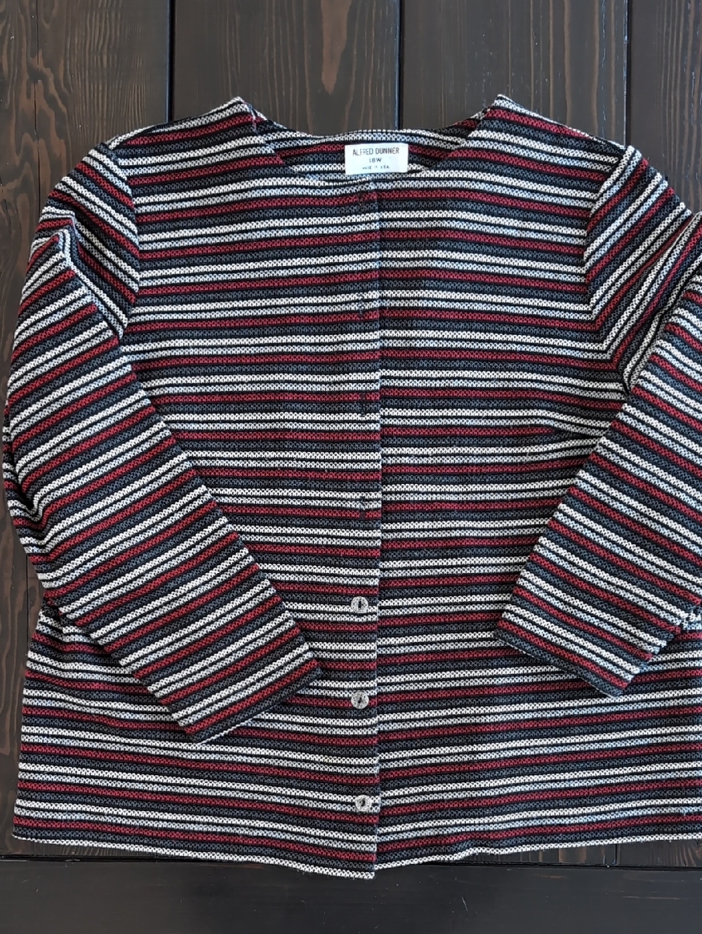 Alfred Dunner Black White and Red Striped Knit Cardigan